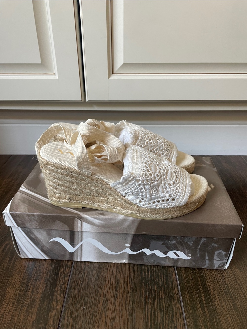 LIKE NEW NINA Crochet Espadrille Wedge Wrap Sandals!